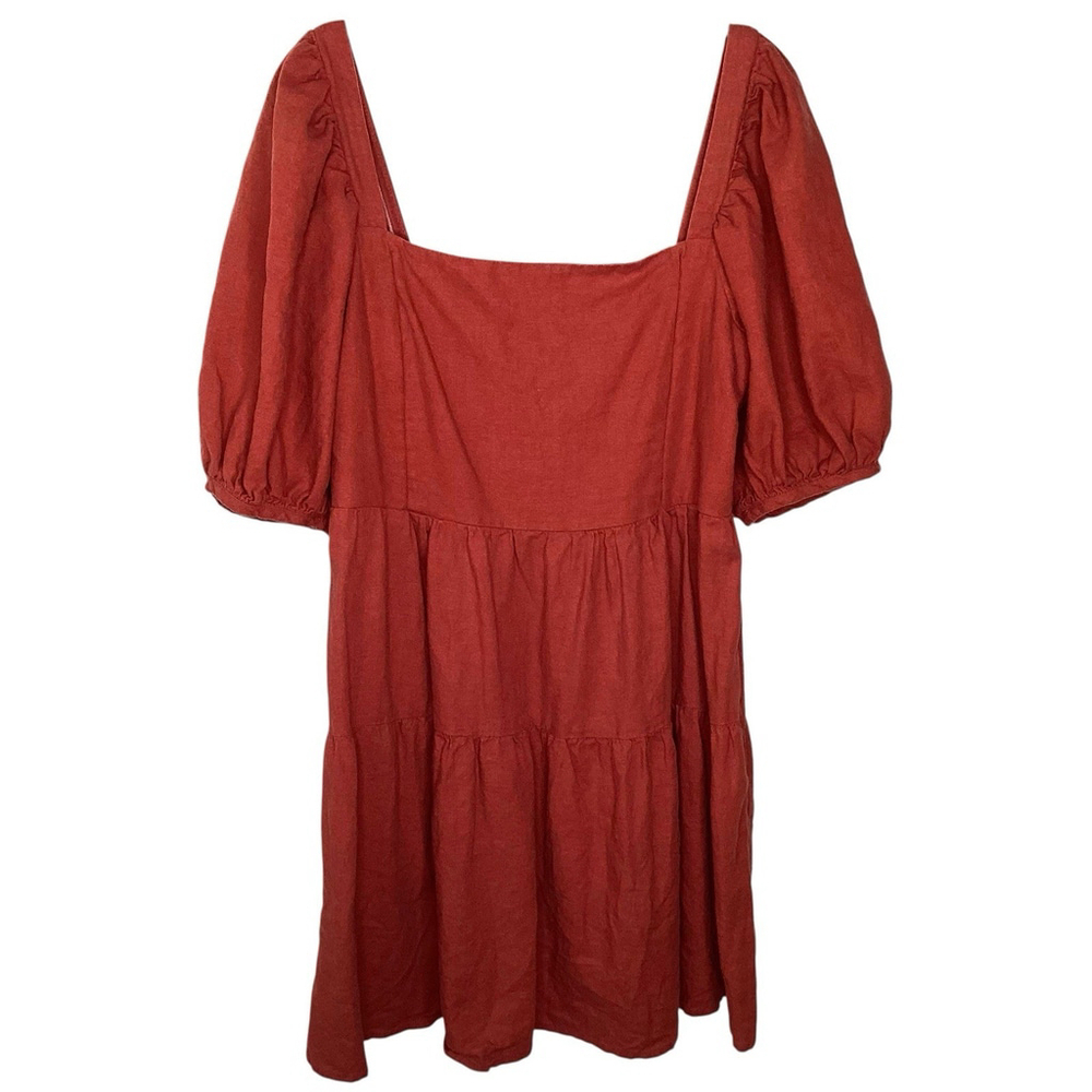 House Of Harlow Dress Sz M Orange‎ Linen Milkmaid Babydoll Lagenlook Tiered EUC